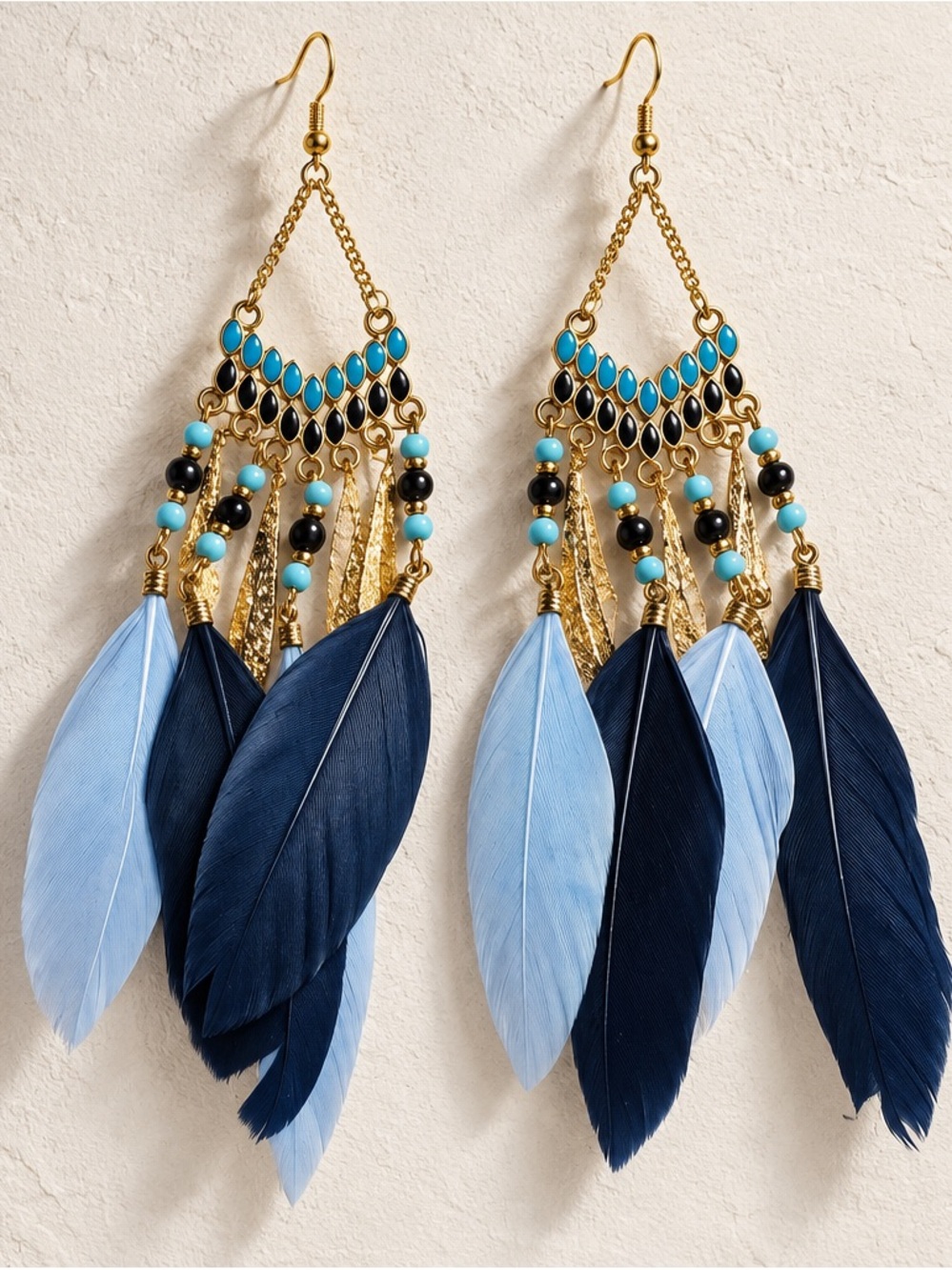 Fashion Jewelry Gold-Tone Earrings with Navy and Light Blue Feathers